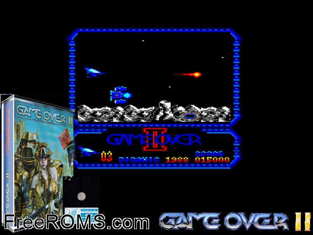 Game Over II (UK) (1988) [h1] Amstrad CPC game showing 3D box cover and gameplay screenshot